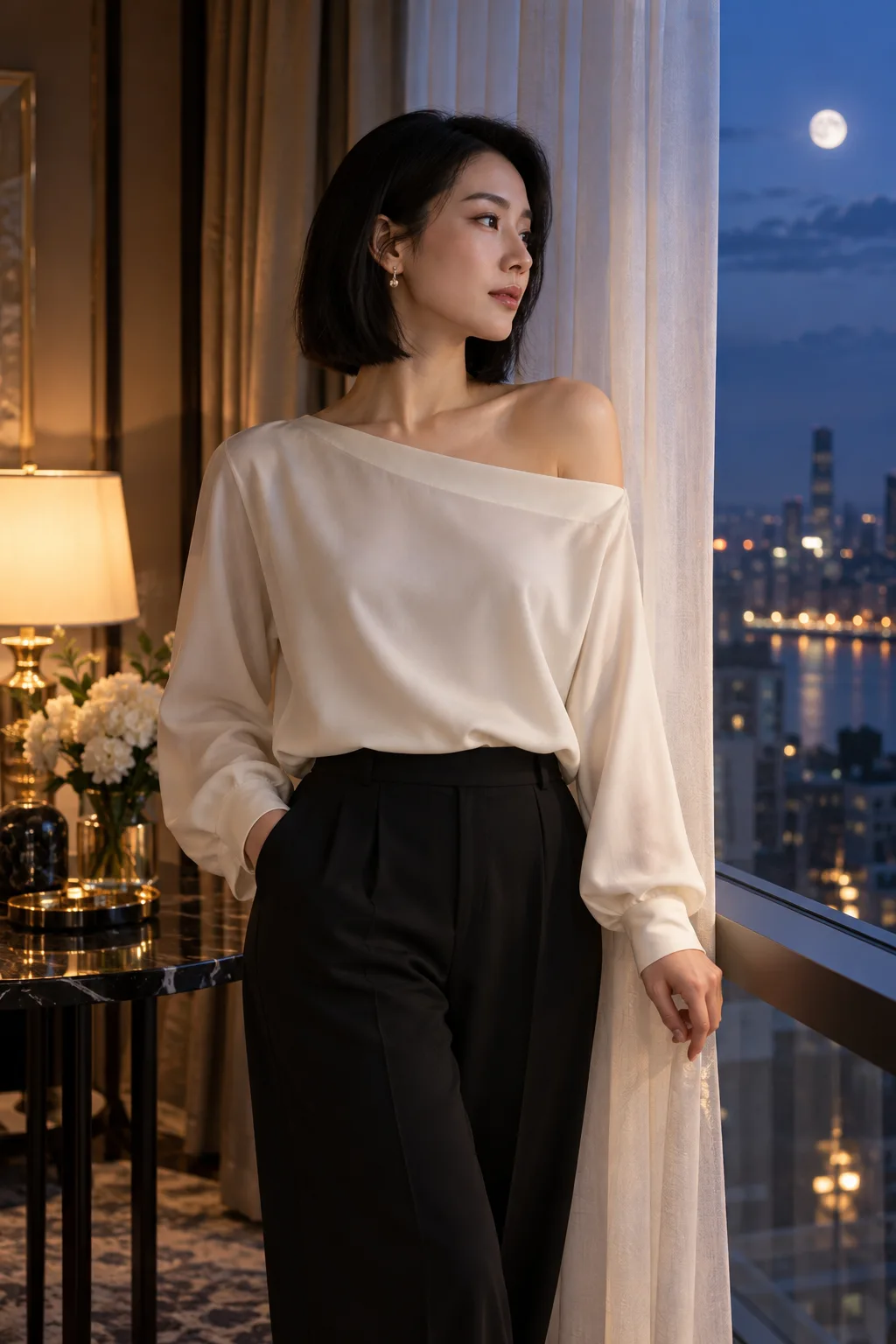 창가에서 옆을 바라보는 단발머리 성인 여성의 AI 블라우스 화보