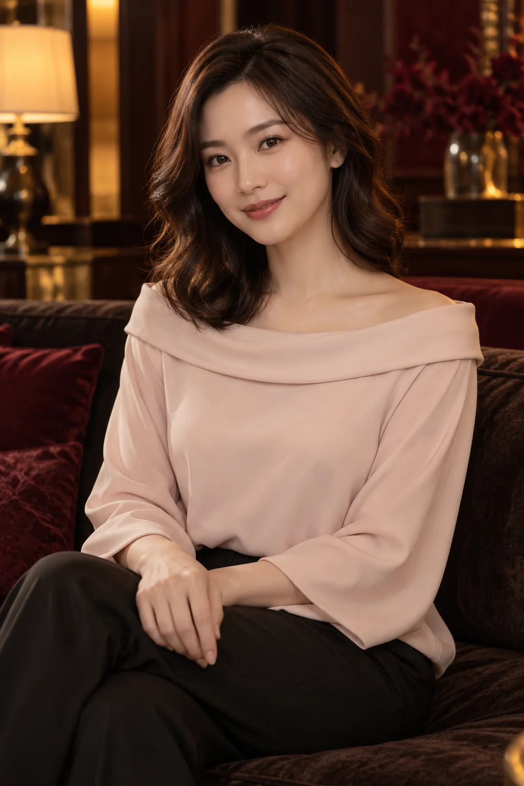 블러시 블라우스의 앉은 여성 · AI 브랜드 화보